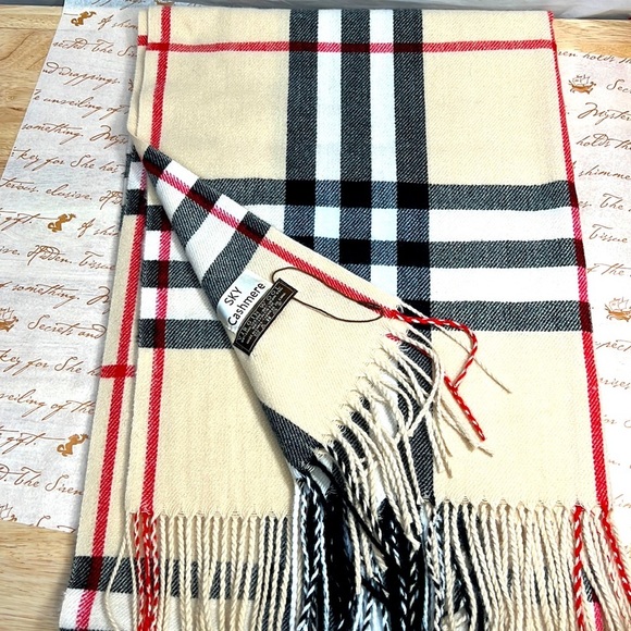 Sky Accessories - SKY CASHMERE 100% VIRGIN WOOL NWOT~ 28 X 80” FRINGED RED, TAN, BLK PLAID